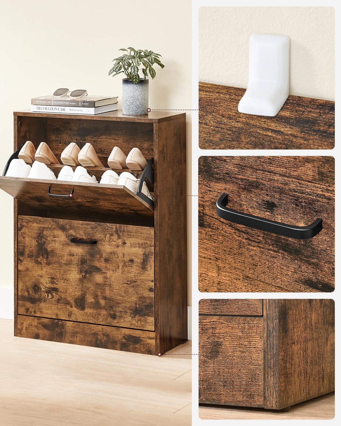 VASAGLE shoe cabinet with 2 flaps, shoe rack, adjustable and removable partitions, for 12 pairs of women's shoes or 8 pairs of men's shoes, small hallway, 60 x 24 x 83.5 cm, vintage, dark brown LBC02BX.