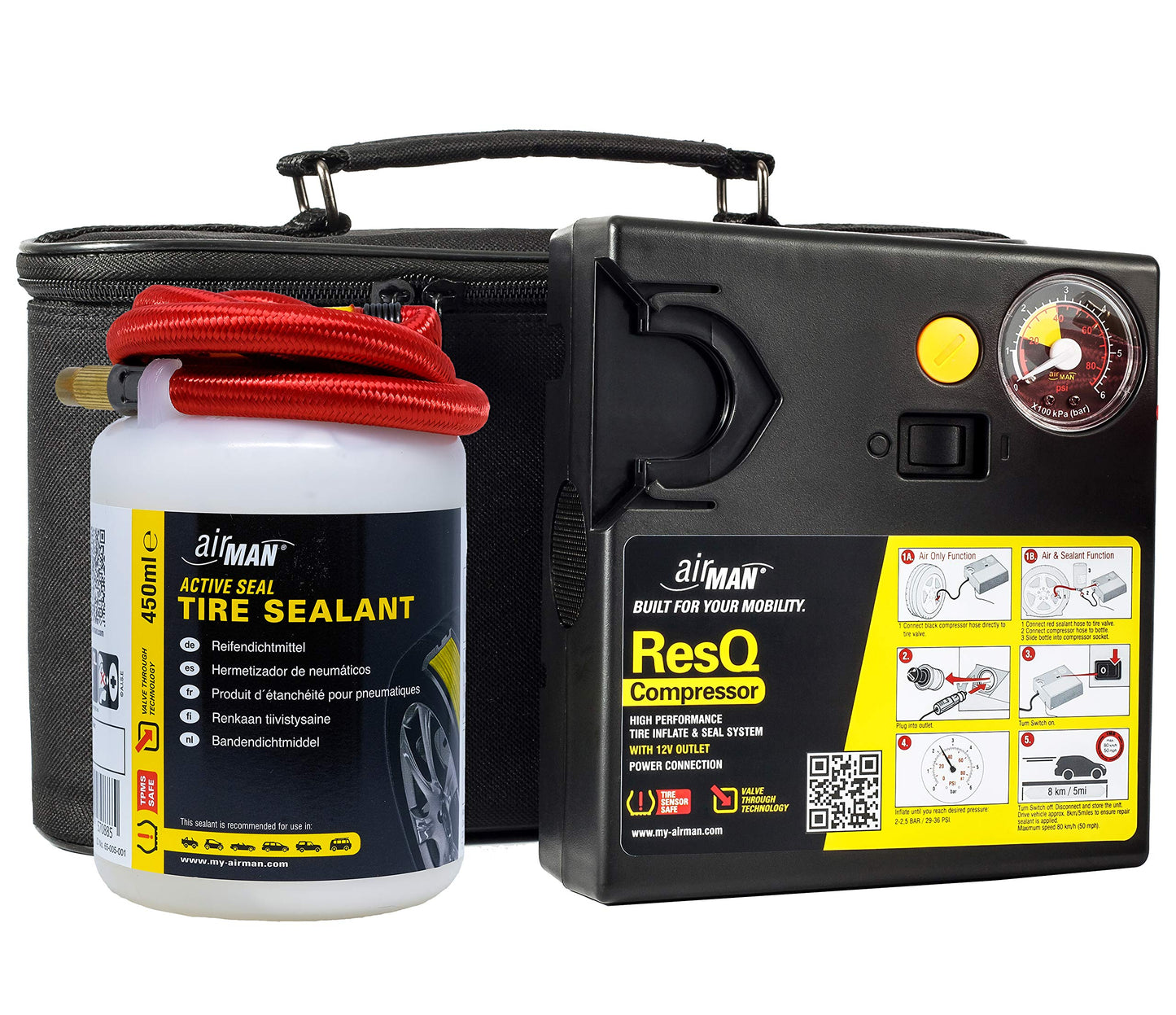 AirMan Resq tire repair kit for cars, featuring Valve-Through technology, repairs all tire types, including the powerful 12V air compressor tire sealant.