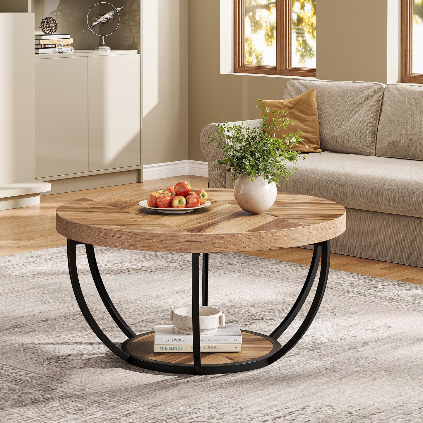 Tribesigns Round Coffee Table, Industrial 2-Tier Circle Coffee Table with Storage Shelves, Modern Wood Accent Center Table Sofa Side Table for Living Room, Home Office