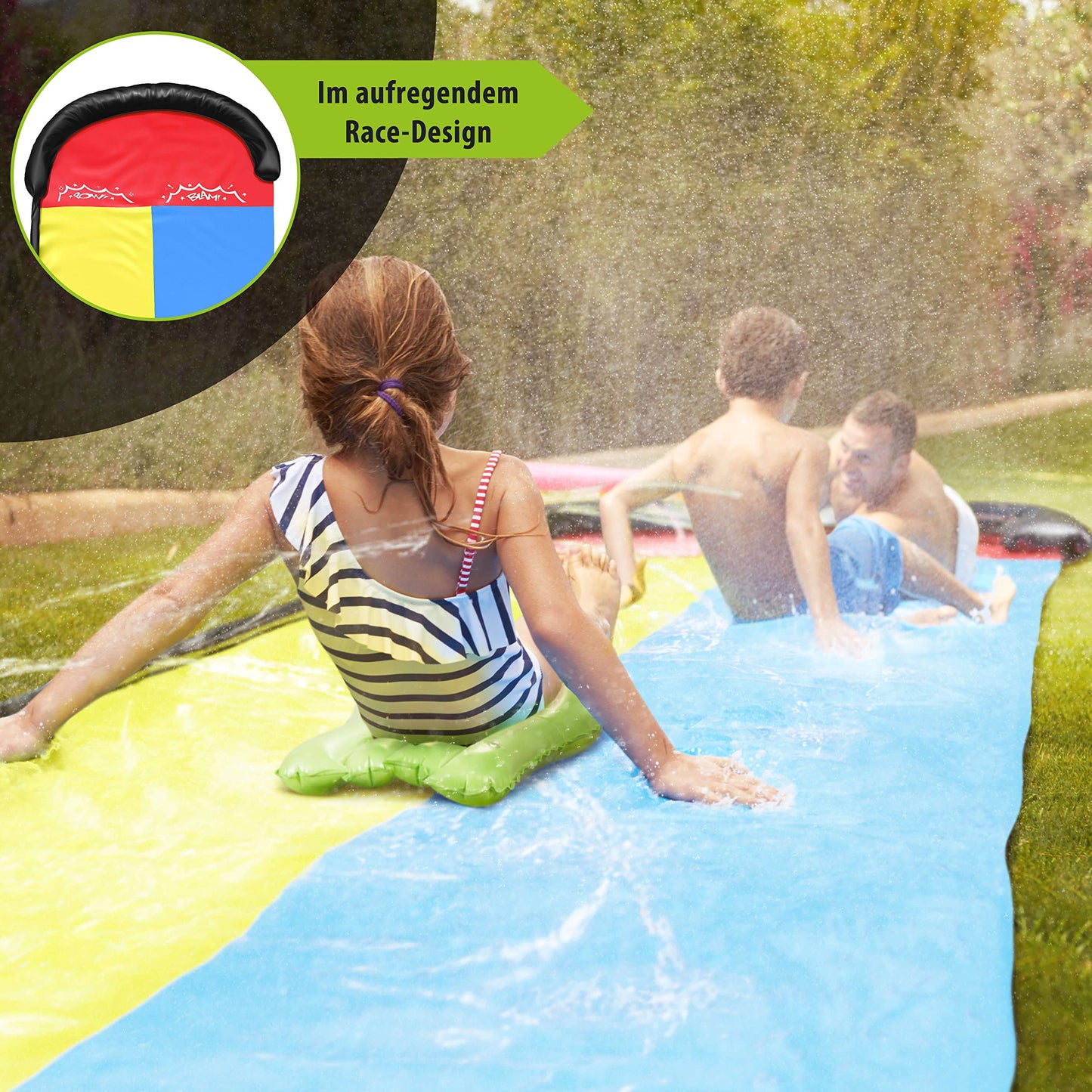 Balinco - Double water slide 4.80 x 1.40 m with 2 surf cushions & anchoring pegs - Large water slide for garden & outdoor - Sprinkler slip mat for children & adults - Water toy for summer.
