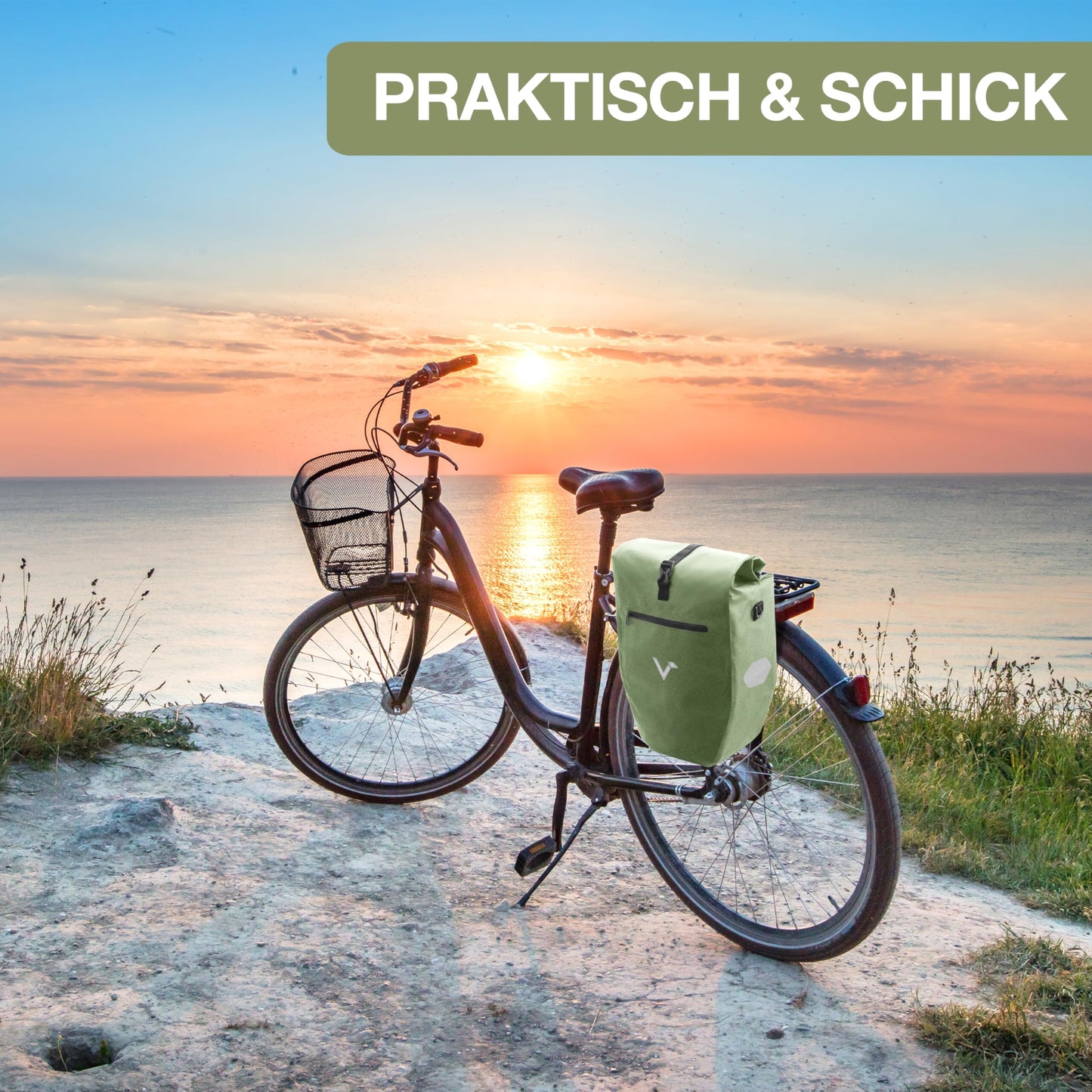 Valkental - Large & waterproof pannier bag - 28L capacity - Bike bag for rack with reflectors in Natural Green