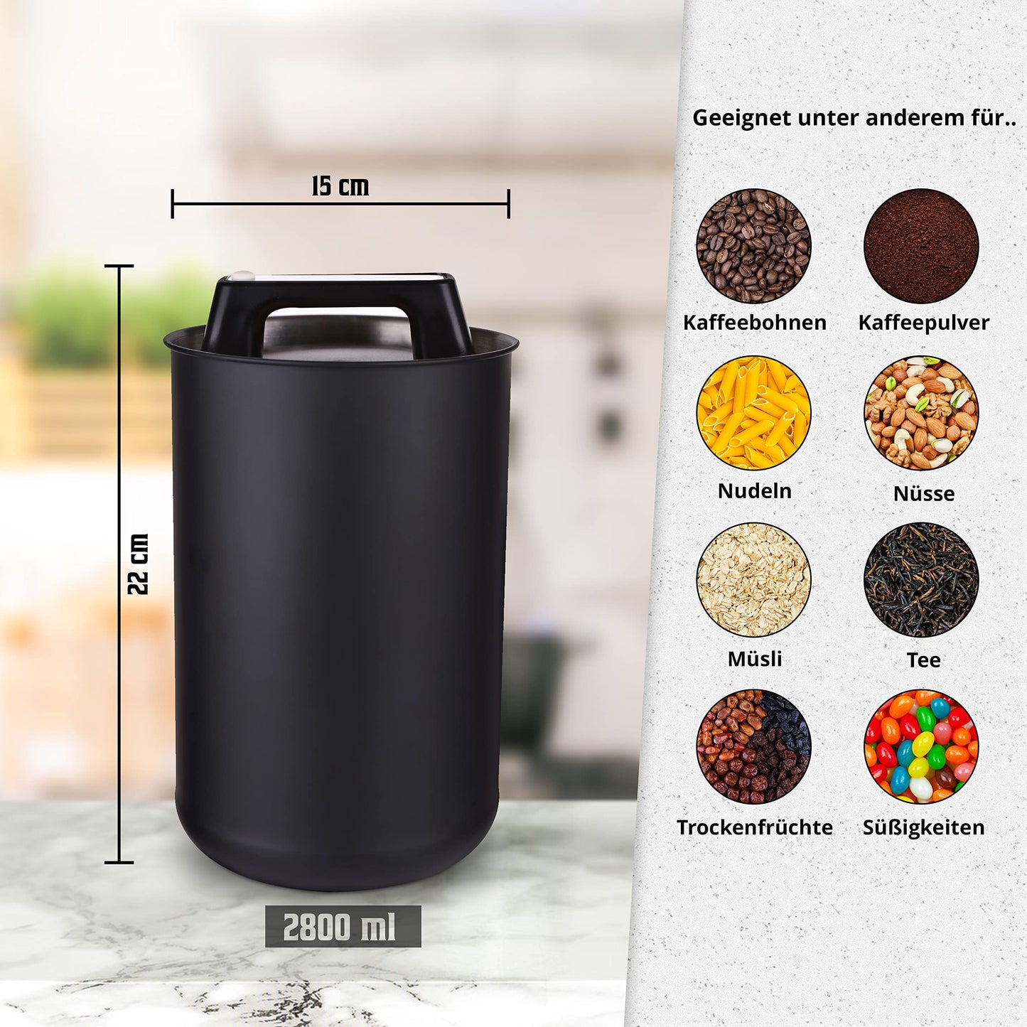 KC Kitchen & Co. Coffee canister airtight for 1 kg coffee beans – Stainless steel storage container with vacuum seal & aroma closure – Storage canister for coffee, tea, sugar, cereal Matte Black (2800 ml)