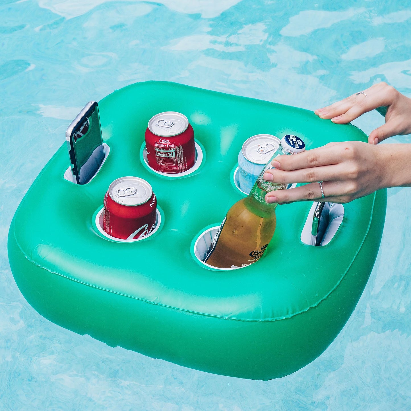 Inflatable floating drink holder with 6 holes, large capacity and transparent material, float for pool, party, beach white, hot tub