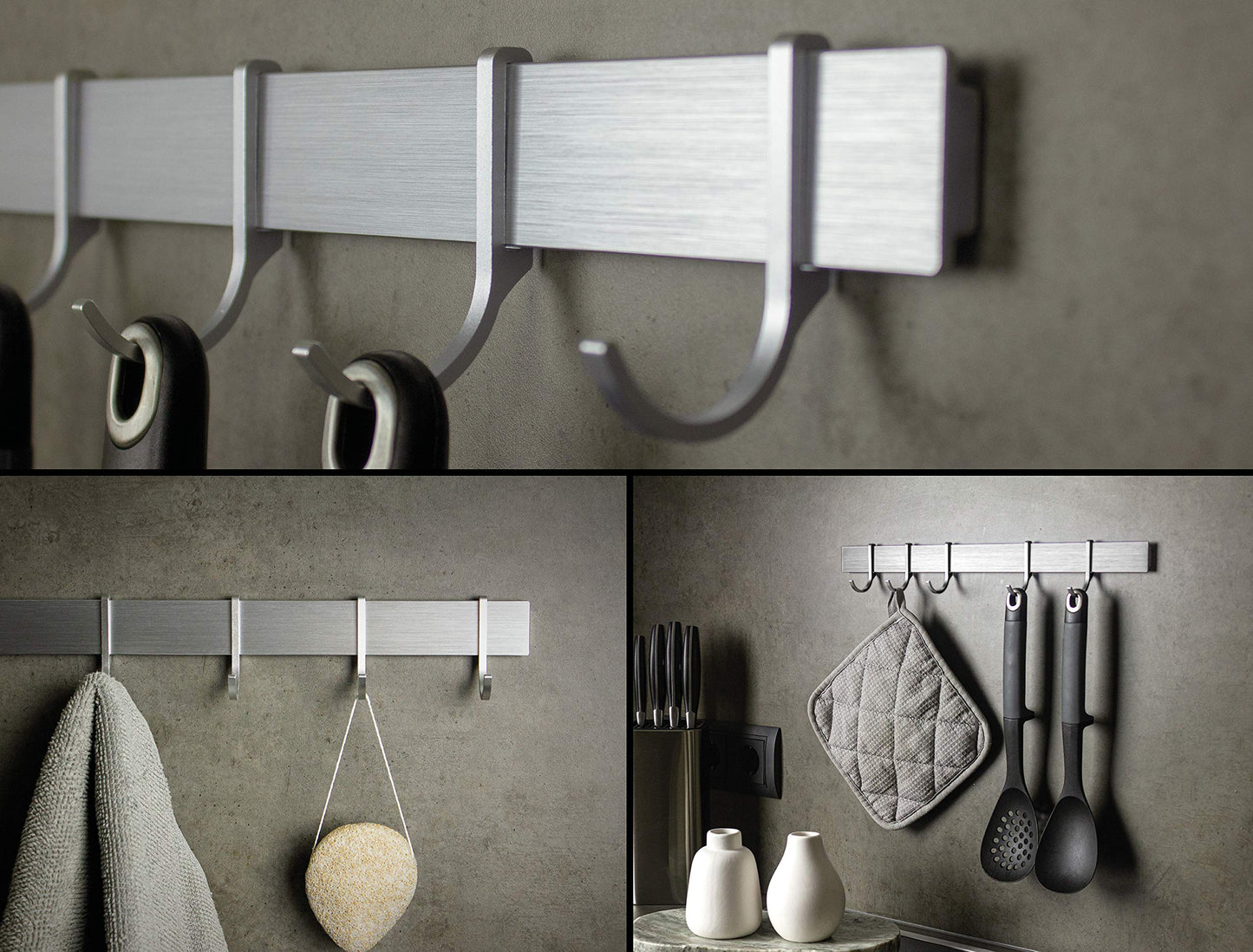 Hamburg Design Factory 40cm Hook Rail self-adhesive Kitchen Rail for Kitchen Utensils | Kitchen holder without drilling | 6 movable hooks | Modern design Silver Gray