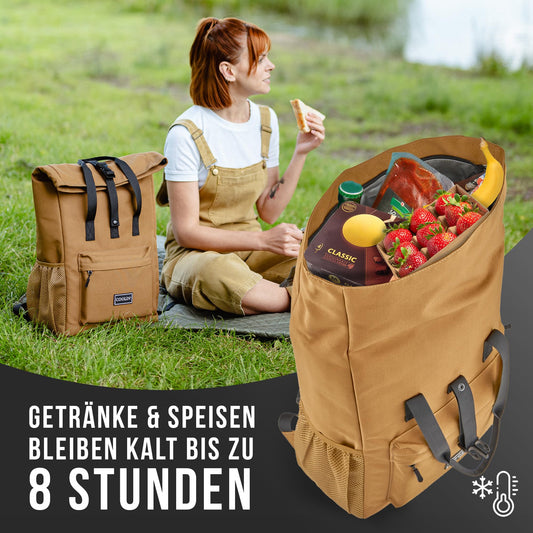 Coolin' Cooler Backpack 30L | Backpack with insulated compartment for beer, picnic, drinks & more | Cooler bag as a backpack - practical & easy | Thermo backpack for beach or hikes (Brown)