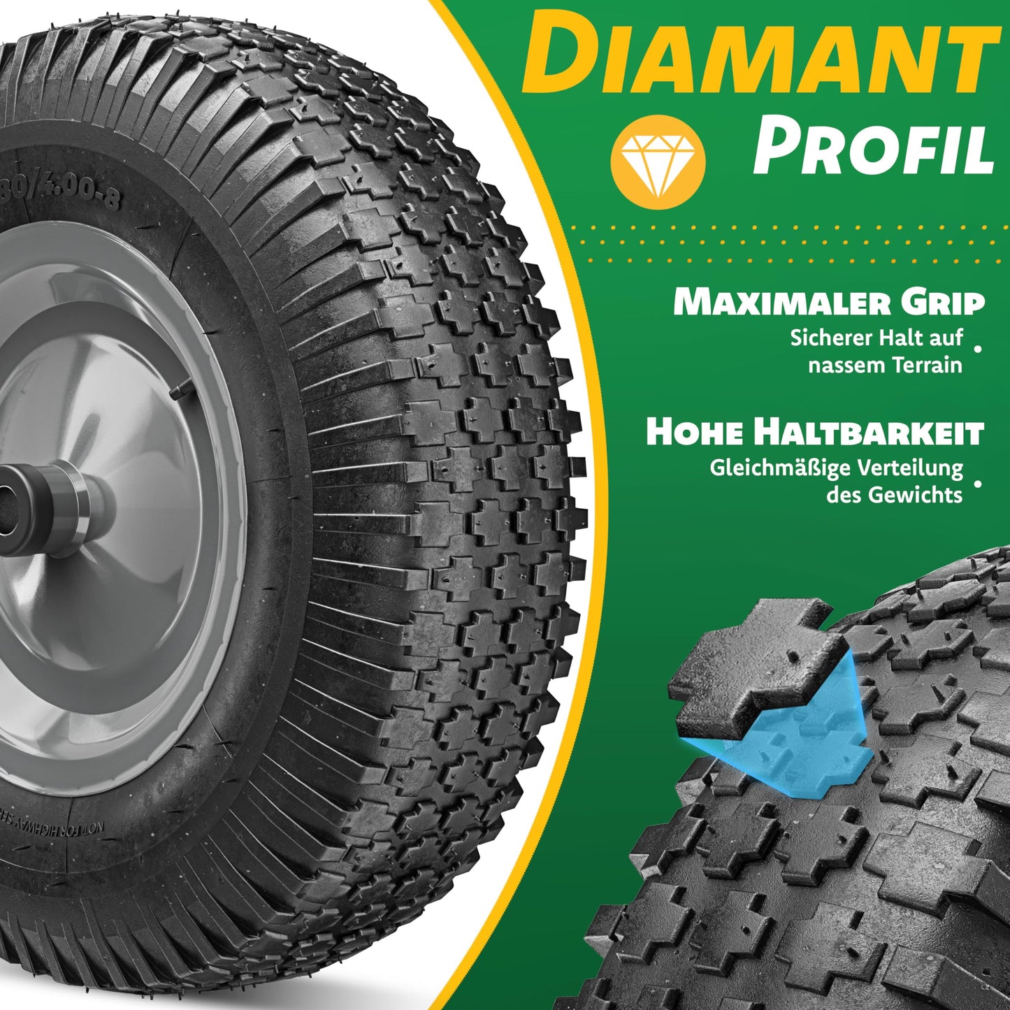 MASKO® wheelbarrow wheel pneumatic tire 250kg replacement wheel air-filled wheelbarrow garden cart 40cm/15.6" extra-wide 9.5cm air wheel puncture-proof tire with steel rim & gloves carbon steel ball bearing