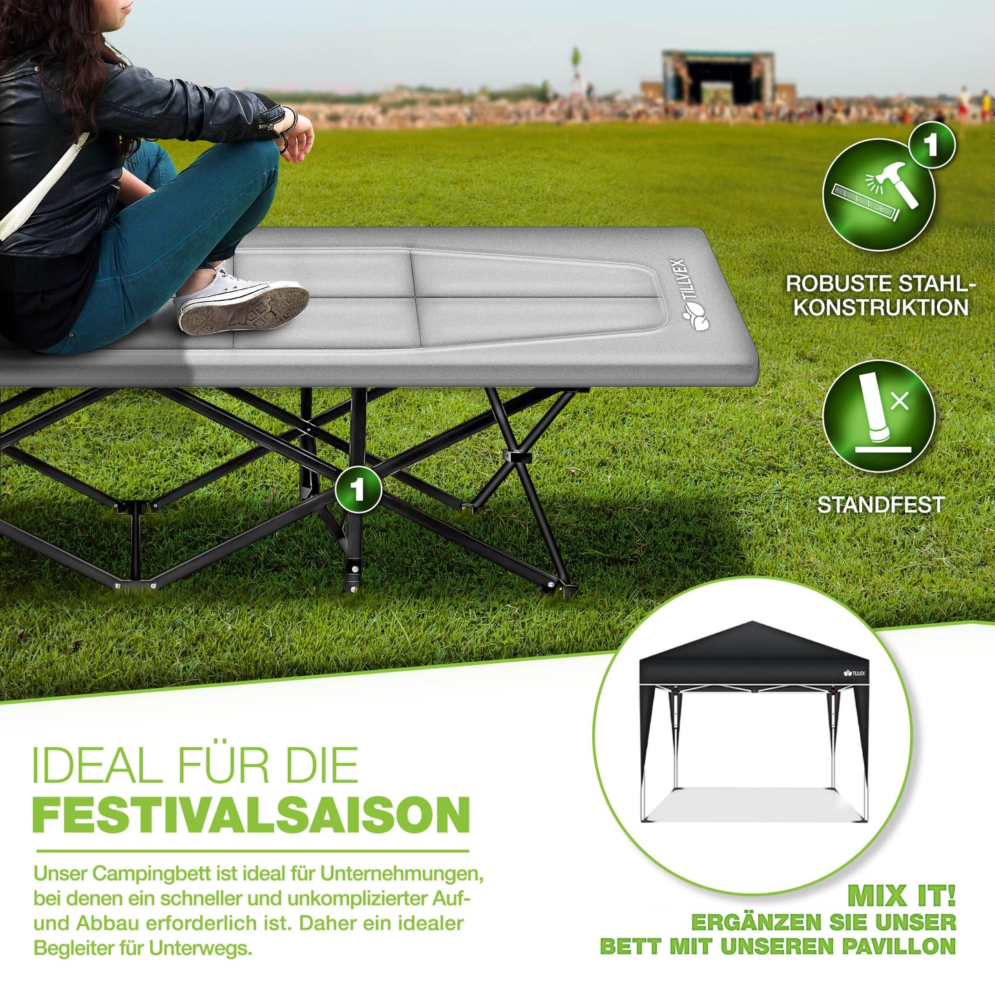 tillvex® Folding Camping Bed with Carry Bag, supports up to 200 kg. Extra wide sleeping cot for outdoor & indoor use. Perfect for camping, fishing, festivals, and travel. Foldable guest bed for the garden.