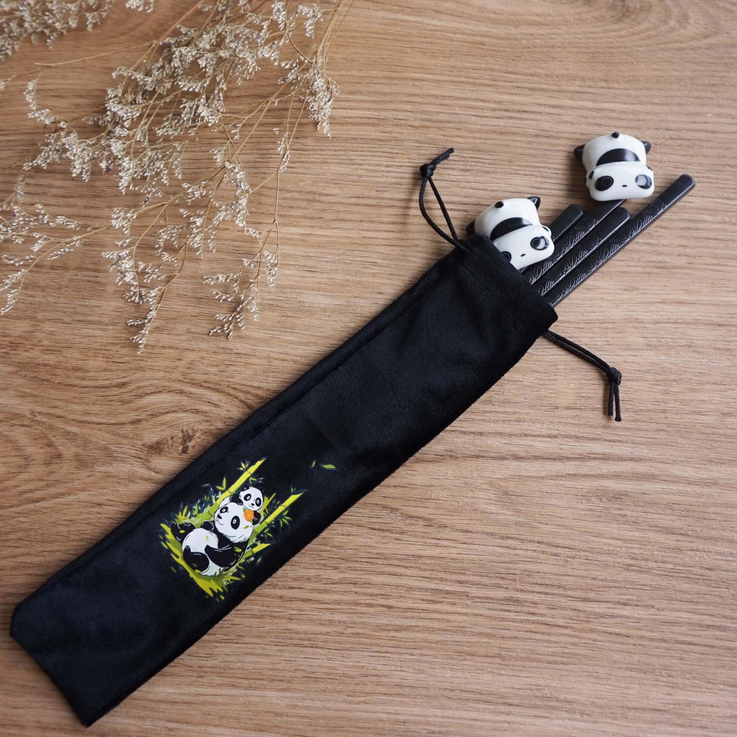 Reusable fiberglass chopstick set with panda design - 2 pairs of dishwasher-safe chopsticks + ceramic rest - elegant Chinese gift