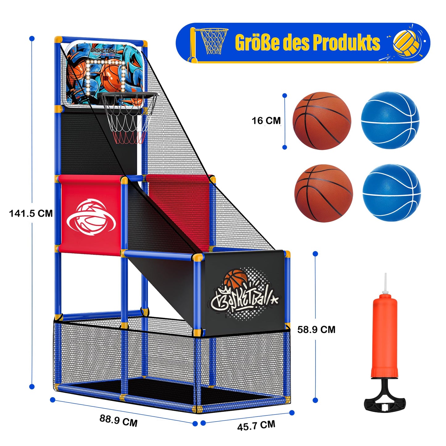 SKERITO Basketball Game Set, including 4 balls and hoops for kids aged 3-12. Ideal for indoor and outdoor sports, easy to set up, with included air pump.