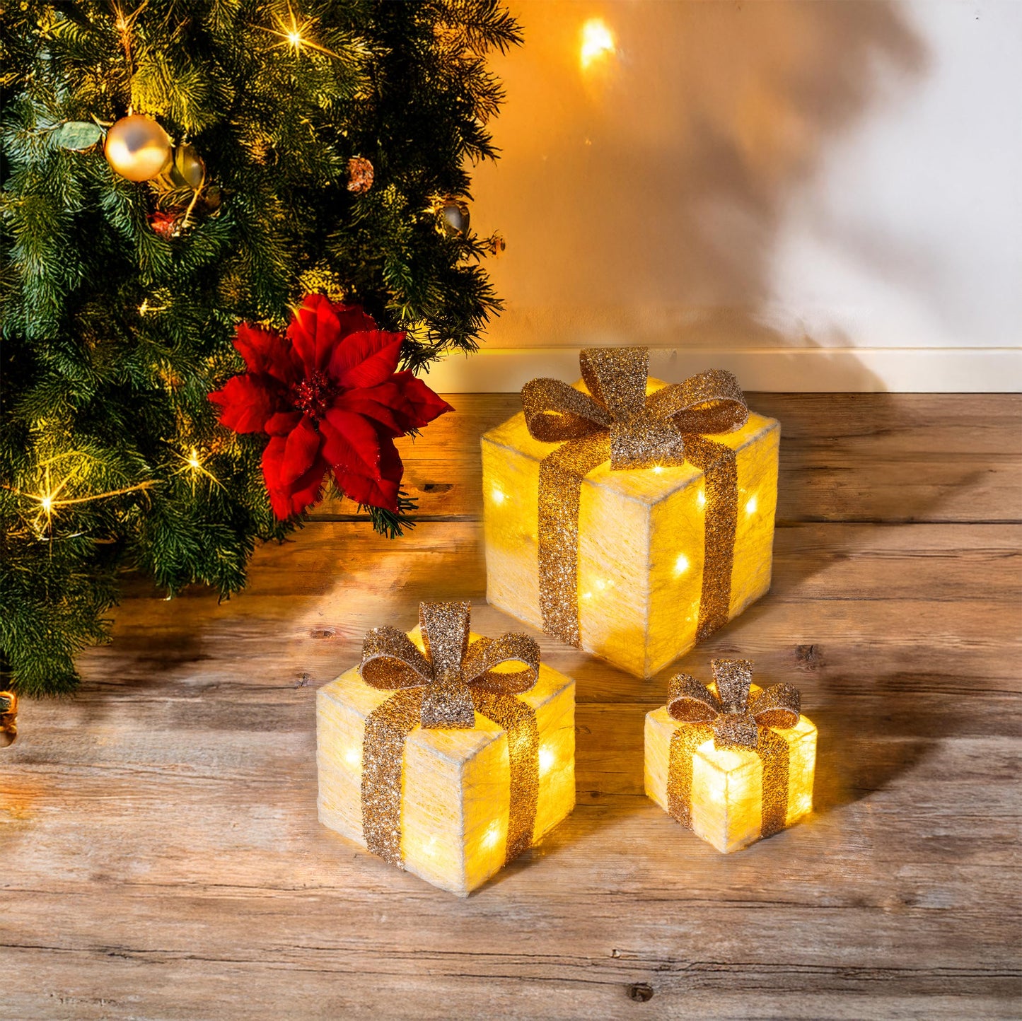 LED gift boxes with timer set of 3 - cream - Christmas decorative boxes illuminated in warm white - Christmas Advent winter tree decoration lighting battery operated