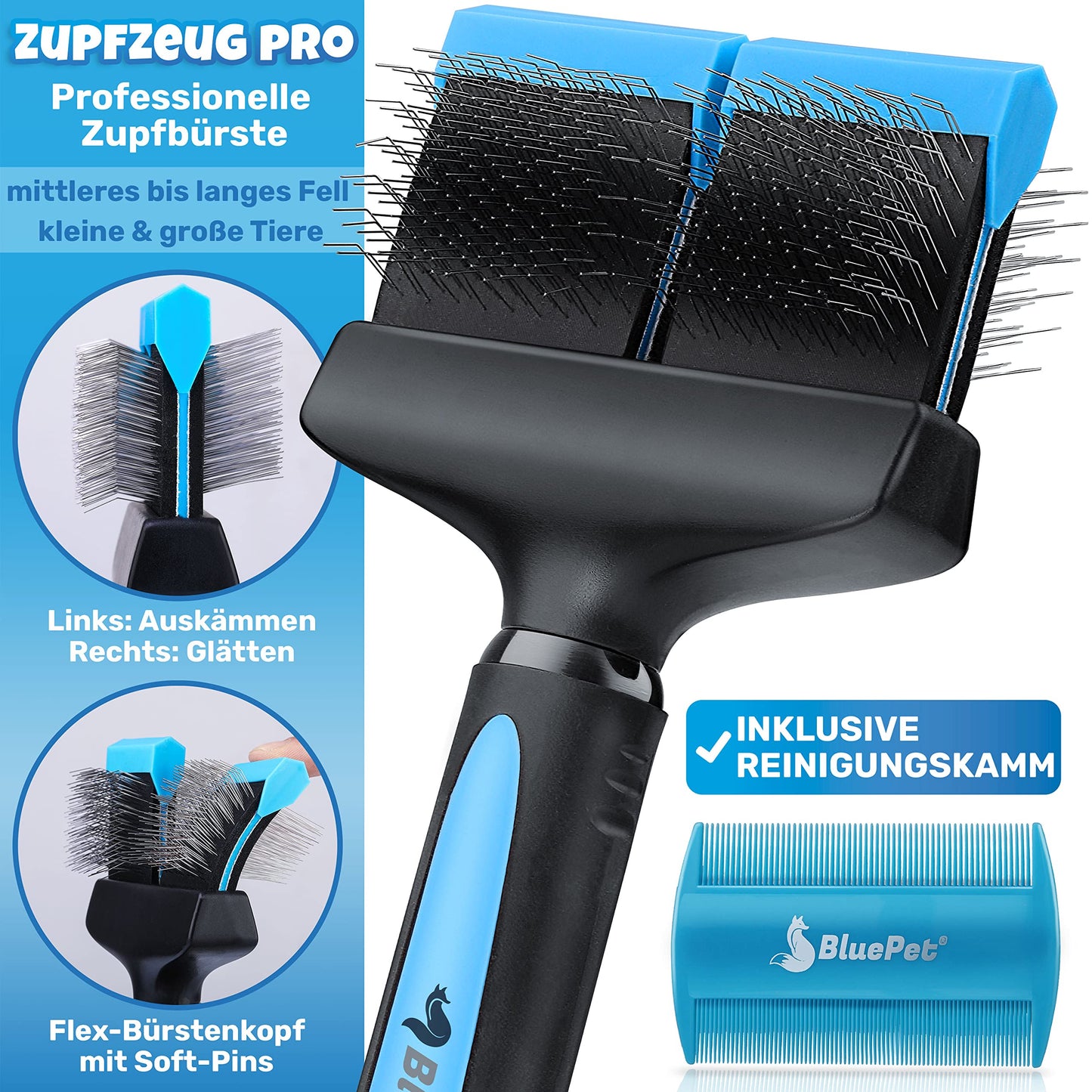 BluePet Grooming Tool Pro Professional Dog Brush Long Hair, Flexible De-shedding Brush for Dogs & Cats I Gently Removes Undercoat, Tangles & Knots (Double Head Blue)