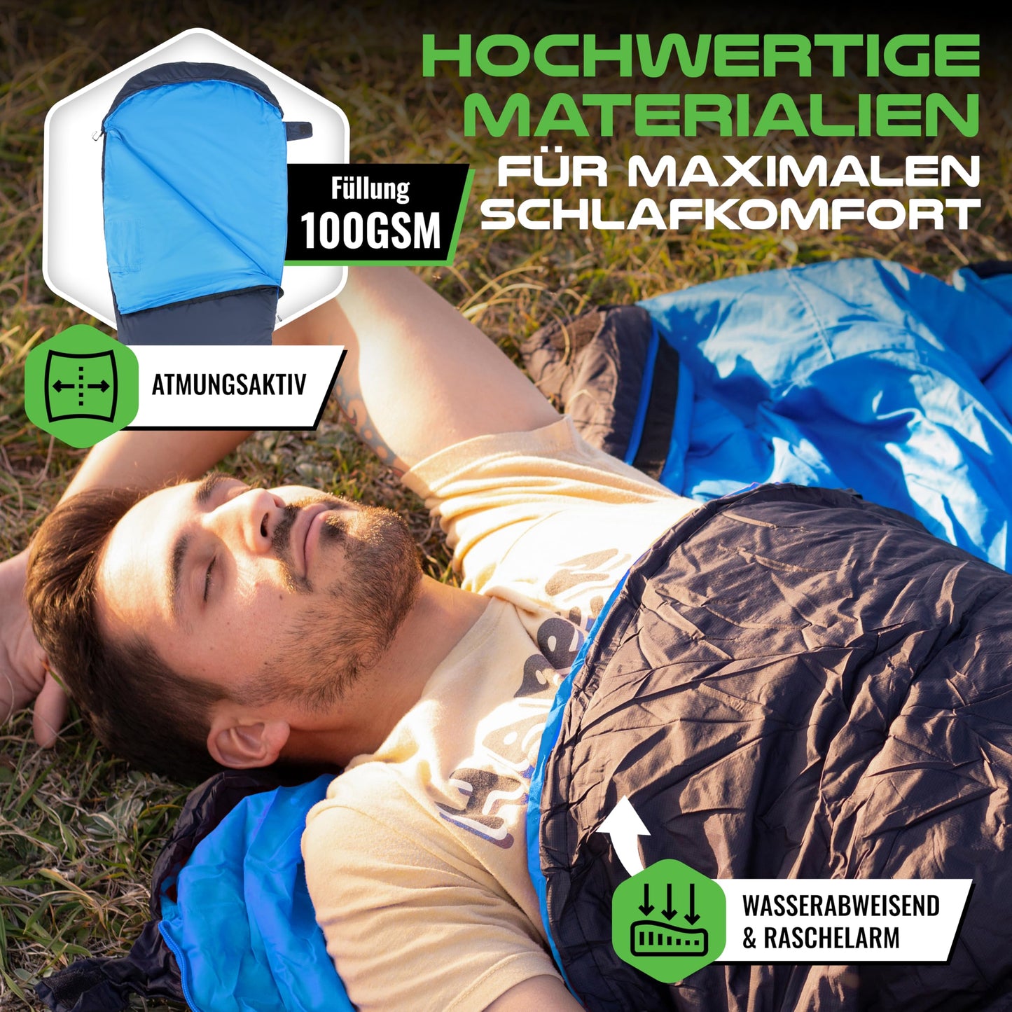MOUNTREX® Sleeping Bag - Small pack size & Ultralight (760g) - Outdoor summer sleeping bag, mummy sleeping bag (205x80cm) - Compact, warm and light for camping, traveling or festivals - Linkable