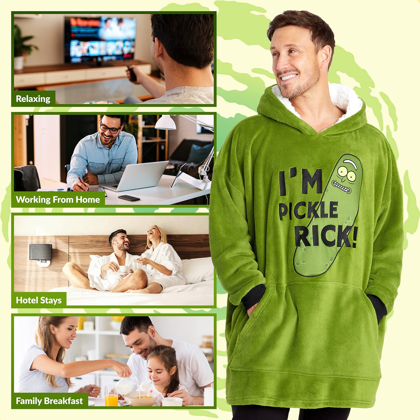 RICK AND MORTY hoodie, Oversized fleece hoodie blanket with sleeves for men and teenagers - Gifts for fans (Green Long)