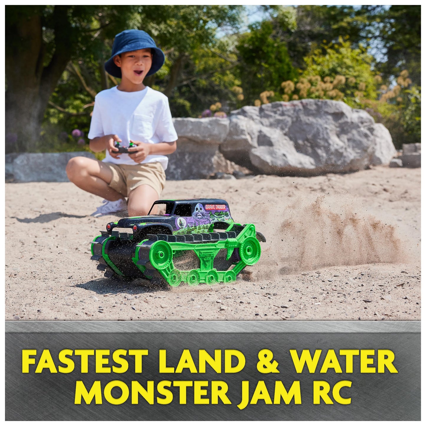 Monster Jam Official Grave Digger Trax All-Terrain Remote Control Outdoor Vehicle, Scale 1:15, Toy for boys and girls ages 4 and up.