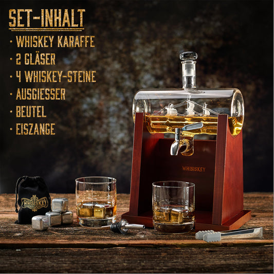 WHISISKEY Decanter Set - Whiskey Gift Set - Gifts for Men - Men's Gift - Birthday Gift for Man - Ship Decanter 1100ML, Gift Box, 2 Whisky Glasses, 4 Whisky Stones