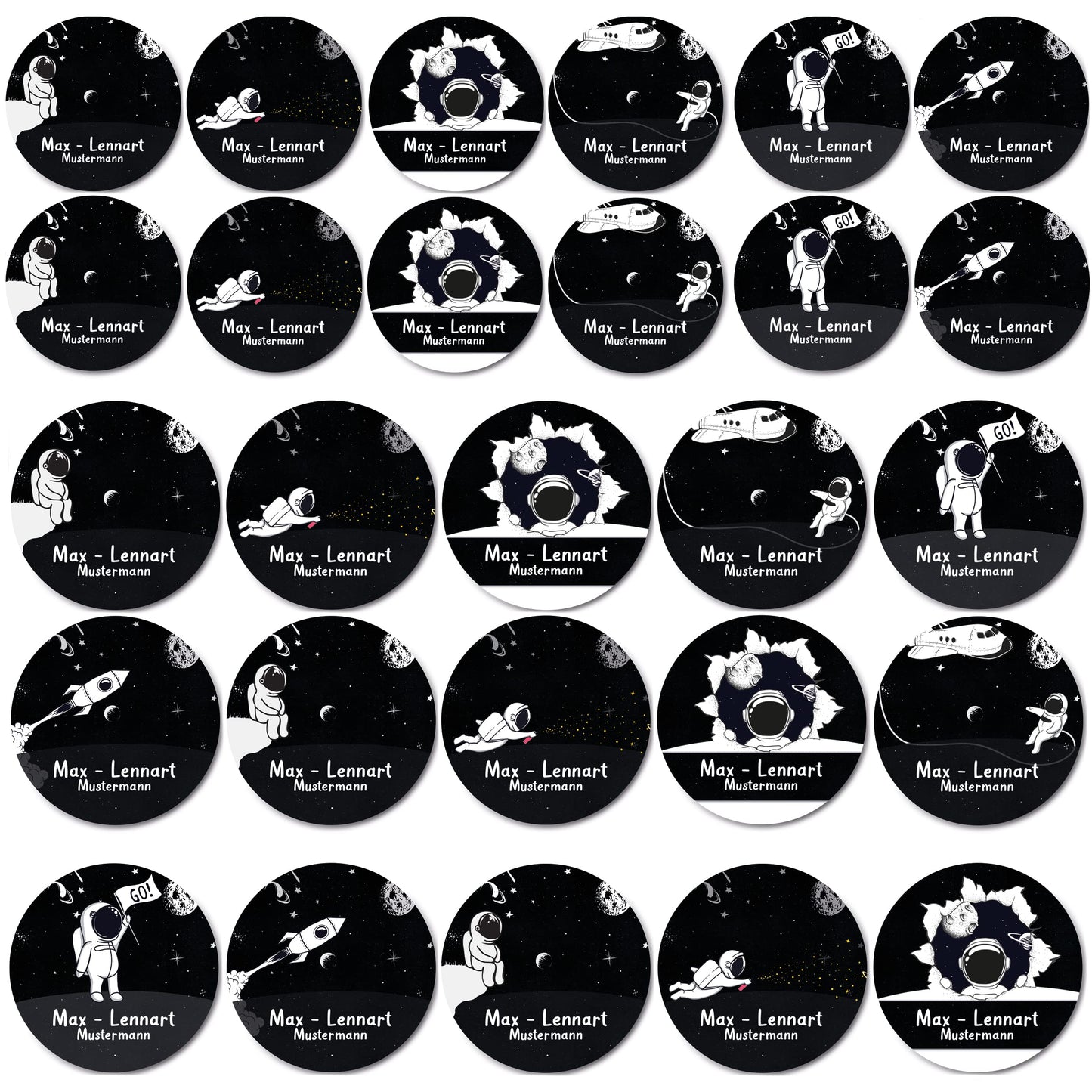 44 personalized round name stickers for school supplies. For children in school and kindergarten to label items (dimensions ?33-50) Astronaut