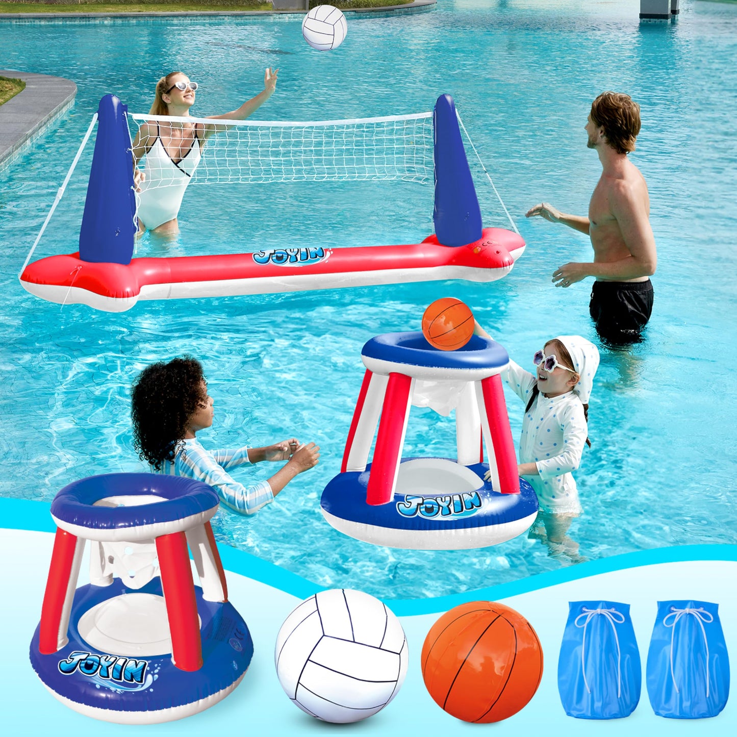 JOYIN Inflatable Pool Float Set, Volleyball Net & Basketball Hoops & Balls for Kids and Adults, Water Ball Game Pool Toy Volleyball Basketball Pool Toy, Water Sports Summer Toy