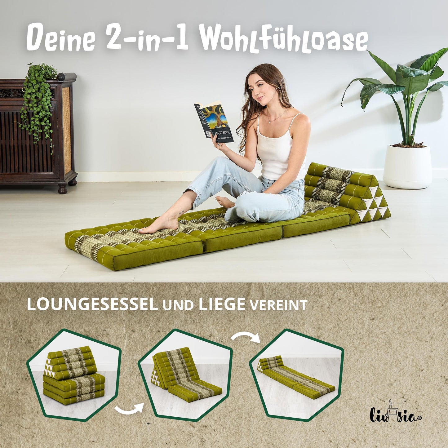 LivAsia Thai Triangle Pillow with 3 foldout cushions - 175x50x8cm - Kapok Triangular Cushion with Foldable Mattress, Backrest Pillow, Thai Mat for Folding, Handmade Meditation Pillow (Green)