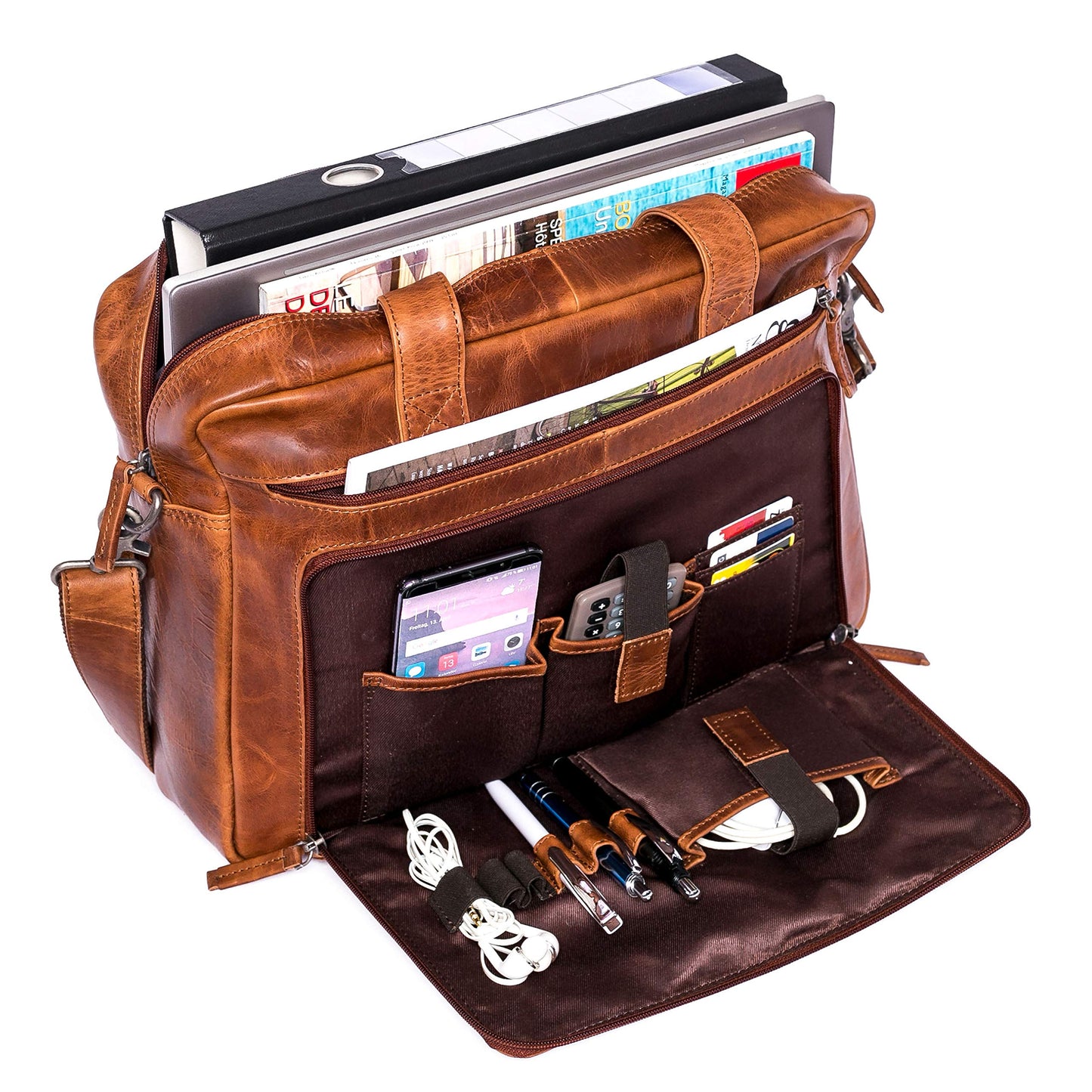 ALMADIH leather laptop bag briefcase BRUNO deluxe - premium business bag shoulder bag men's messenger work bag shoulder bag document suitcase loop brown (BRUNO antique)