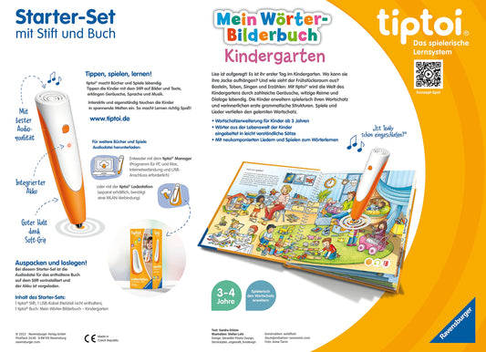 Ravensburger tiptoi Pen and Picture Word Book Kindergarten - Educational Toy for Children aged 3 years and above - Stylus with superior audio quality, battery, and soft-grip cover - Green, Orange, Silver - 00113