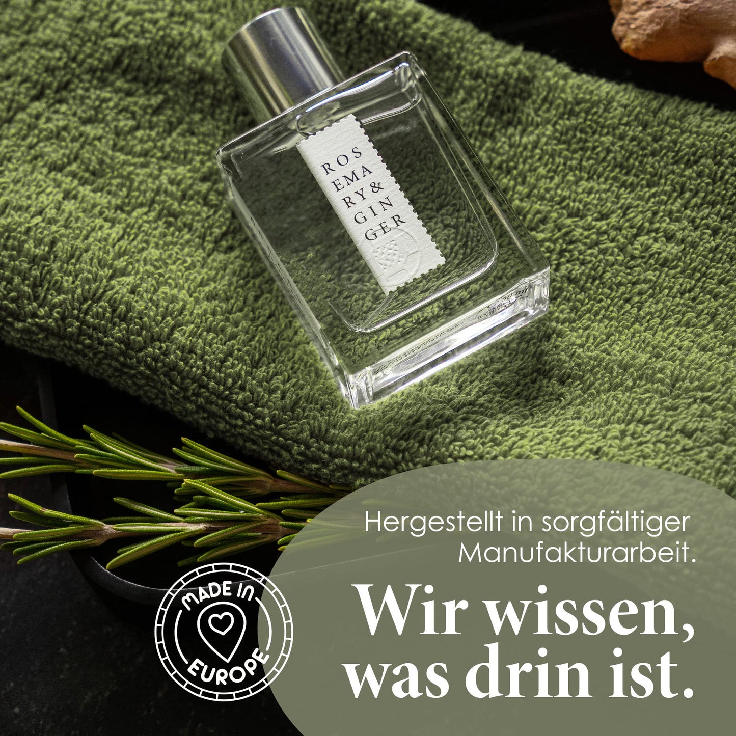 Jean & Len Rosemary & Ginger Eau de Parfum, spicy-fresh scent of rosemary & ginger, handmade in small batches, minimalist glass bottle, unisex fragrance, 50 ml.
