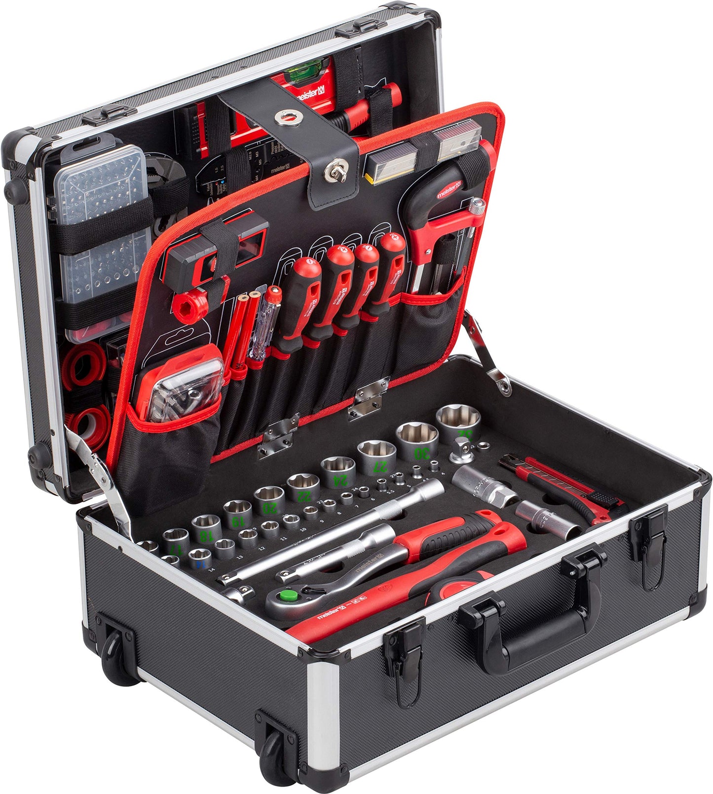 Master tool trolley 238-piece - tool set - telescopic handle / professional tool case filled / tool box on wheels / tool box complete, black/silver, 8971480.