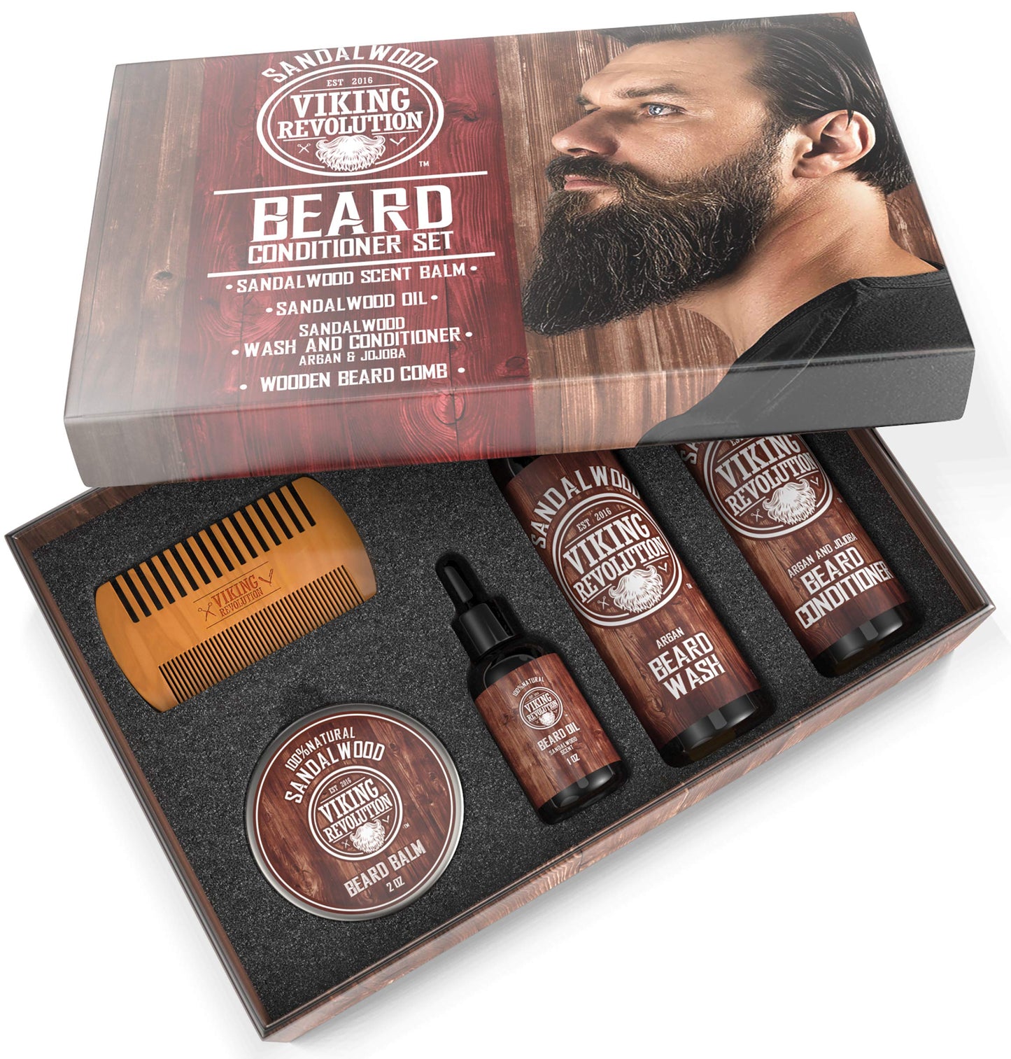 Viking Revolution - Beard Care Kit for Men - Conditioner Men Set Smooth & Relieve Beard Itch - Includes Beard Shampoo, Conditioner, Beard Oil, Beard Balm & Beard Comb Gifts For Men Sandalwood
