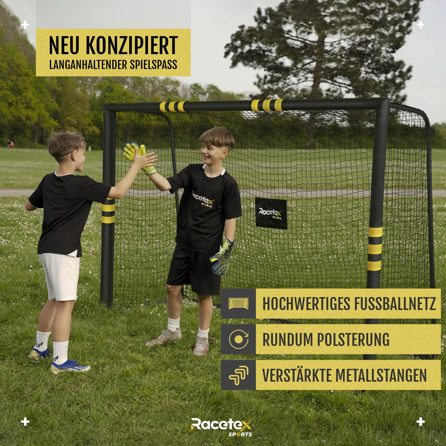 Racetex soccer goals for garden, kids, and adults with anti-rust coating. Includes ground anchors for optimal stability and padding all around (180cm x 120cm).