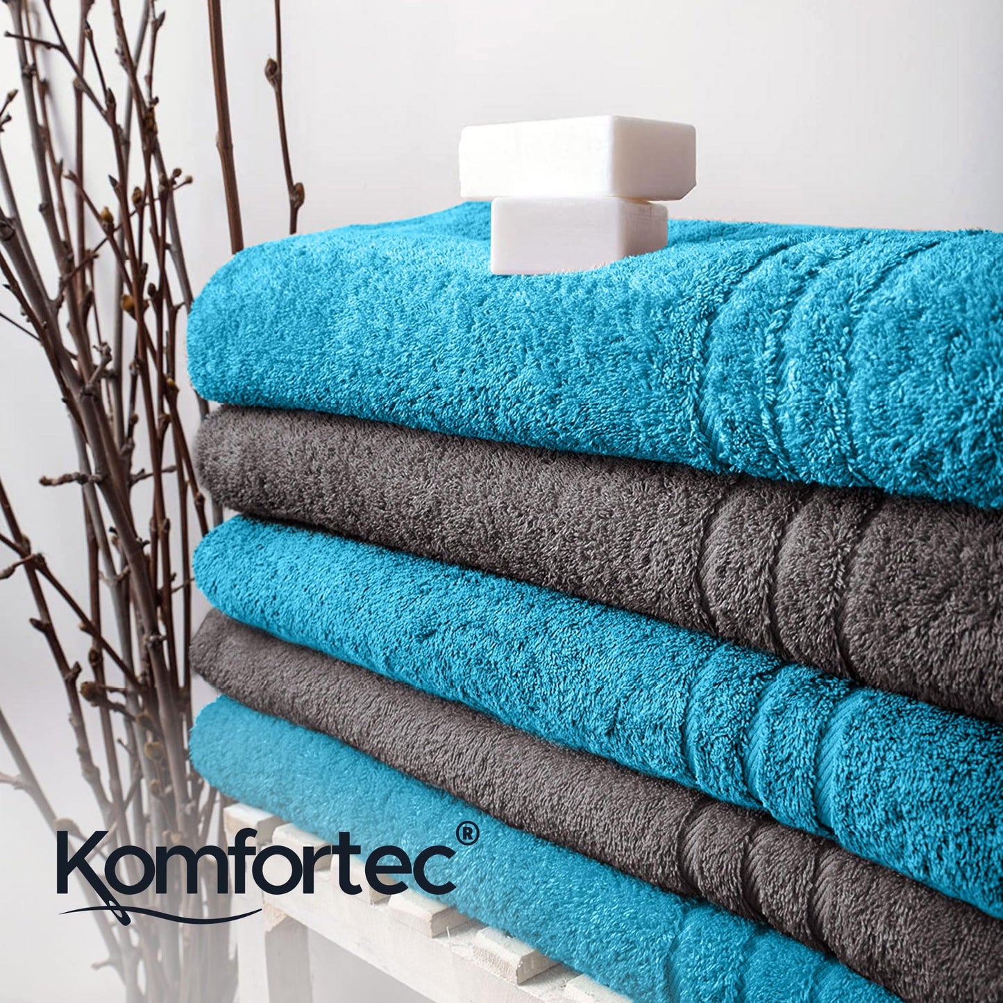 Comfortec 2-piece sauna towel set 70x200 cm made of 100% cotton, XXL sauna towels, soft, large, terry, quick-drying, anthracite gray/turquoise.