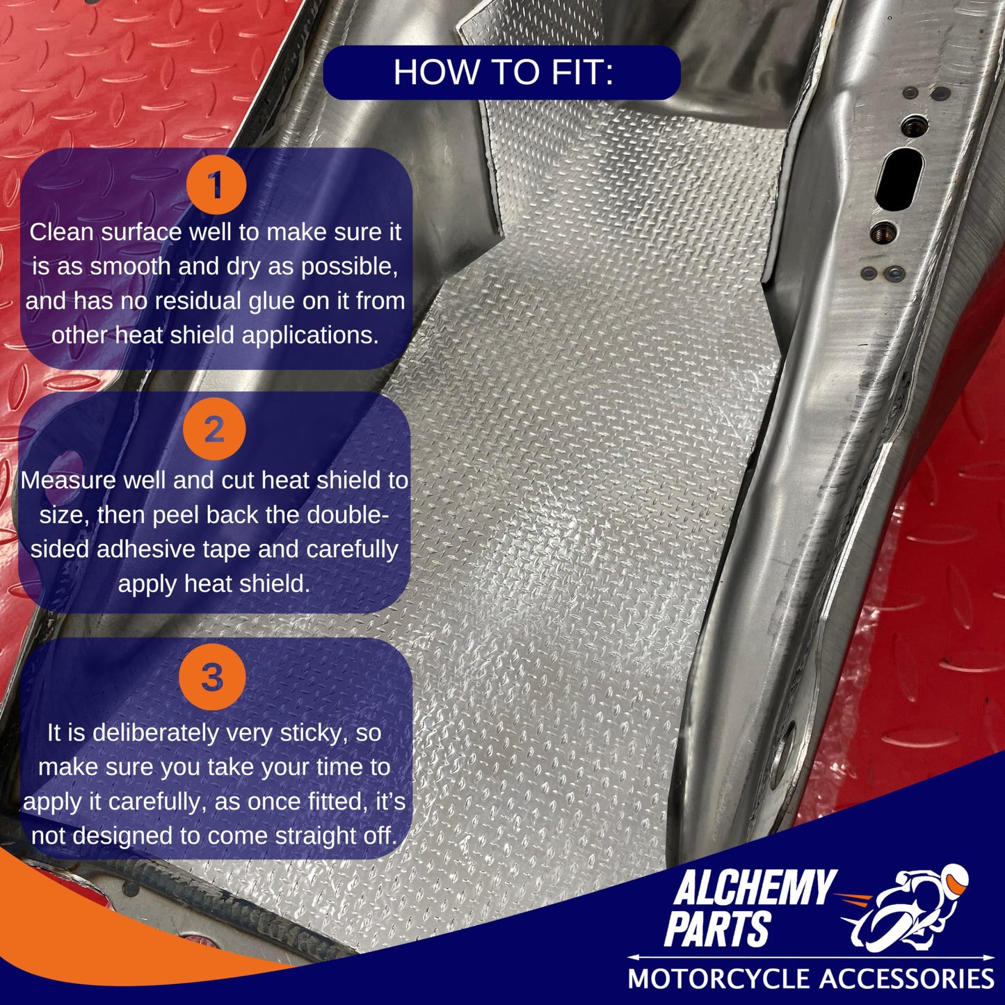 2 x self-adhesive heat shielding exhaust or engine aluminum reflective sheet 100cm x 33cm. Ideal for motorcycle fairings and cars.