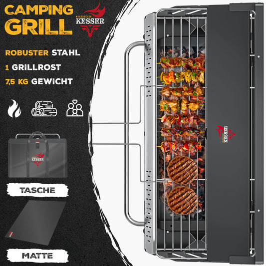 KESSER® Folding Grill portable Camping Grill with stand | Charcoal grill made of powder-coated steel including grill grate, grill mat & carrying bag | Foldable BBQ ideal for camping, picnics & fishing