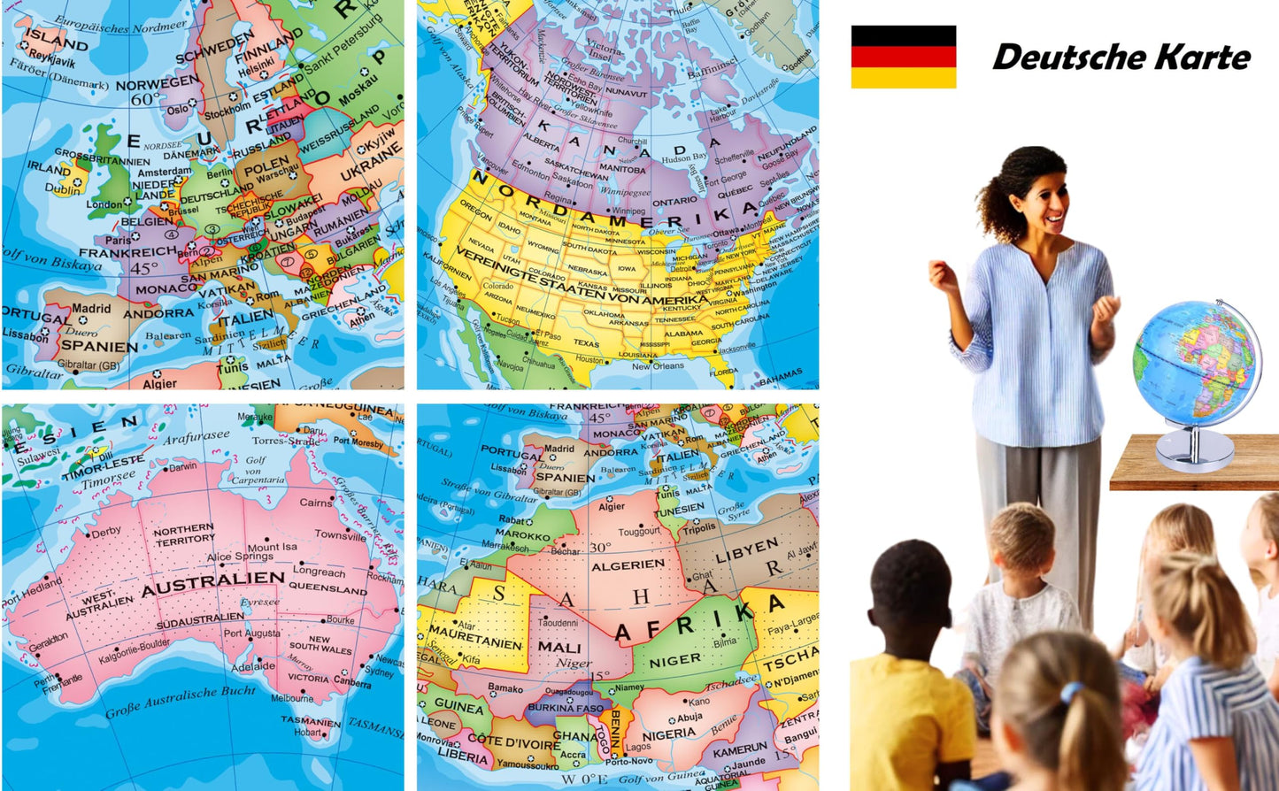 23cm illuminated globe with metal base - German map - student globe with cable-free LED lighting - political map (daytime) - constellation of stars (night)