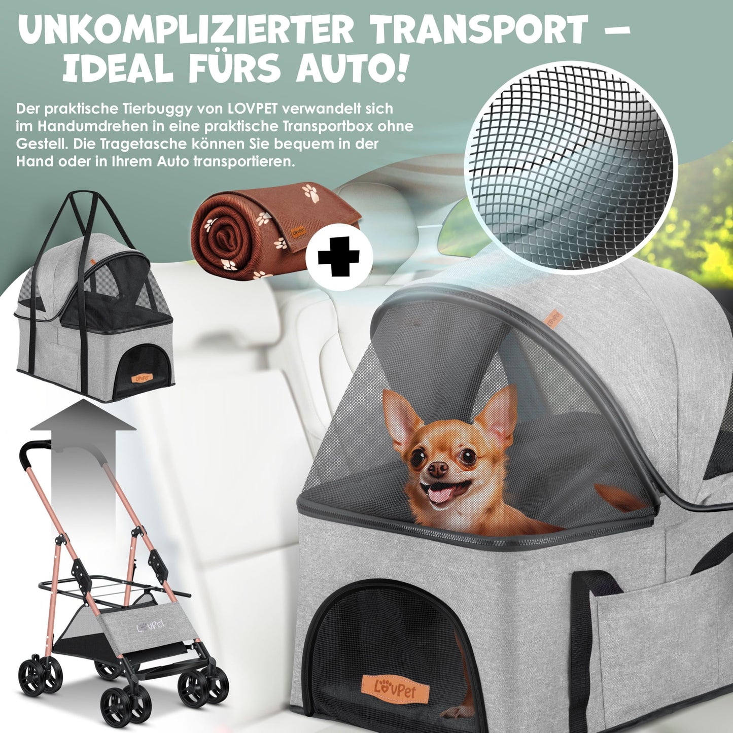 LOVPET® Dog Stroller 2in1 Dog Cart Dog Crate, Transport Bag Foldable and collapsible up to 20kg Pets Buggy with Mesh Windows, Cup Holder, Rain Cover Jogger Buggy for Pets