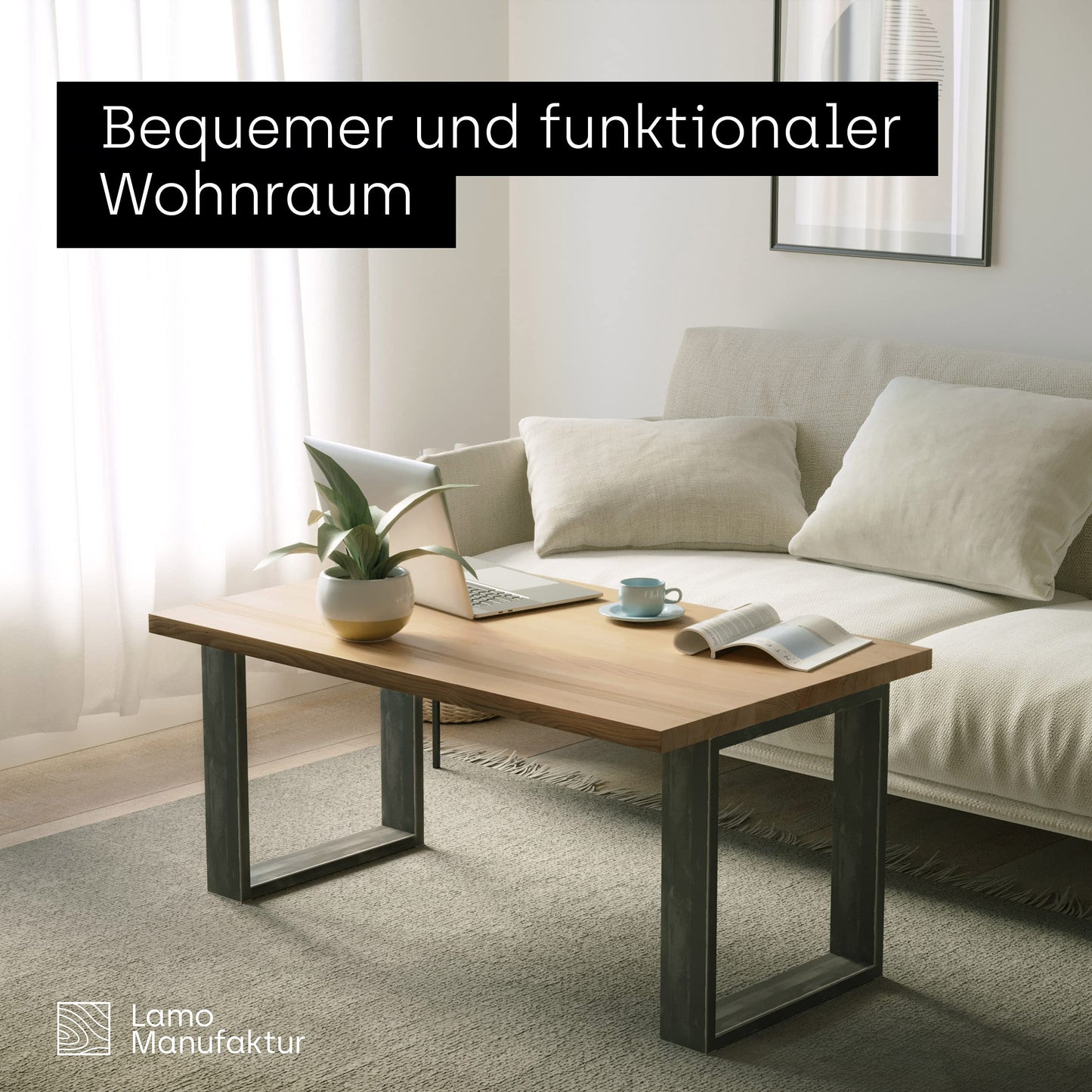 LAMO Manufacture table legs for desk dining table, Simple Medium, square profile 60x30 mm, table frame 60x72 cm (WxH), raw steel with clear lacquer, 2 pieces, LTS-01-D-CC-0000