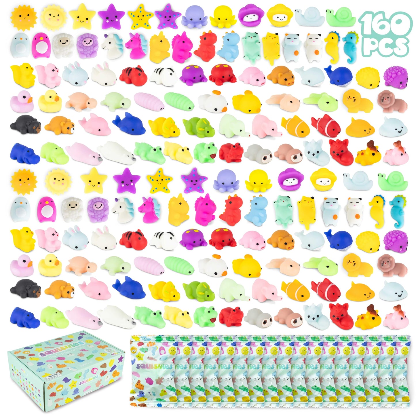 Mochi Squishy Set as party favors for kids' birthday parties: 160 pieces by BONNYCO. Perfect little gifts for children, ideal for party favors, pinata fillers, and back-to-school giveaways.
