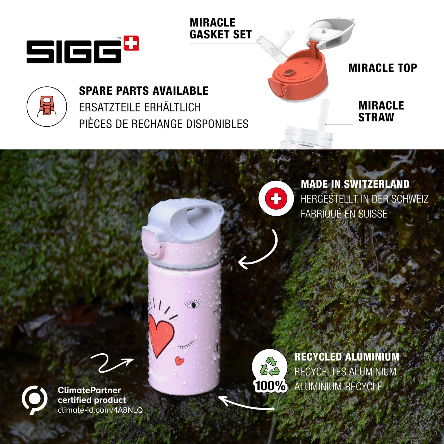 SIGG - Aluminum Kids Water Bottle - Miracle Peaceful - With Straw - Leakproof - Lightweight - BPA-free - Climate Neutral Certified - School & Sports - Water Green & Orange with Fox - 0.4L