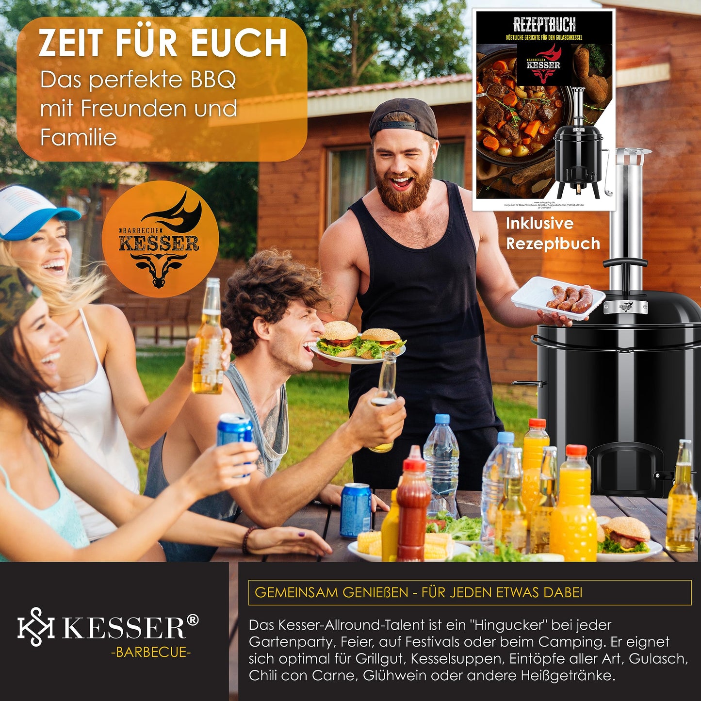 KESSER® Goulash Kettle Goulash Cannon | Dutch oven with grill function Oven Grill Kettle Grill + Chicken roaster 8L pan Goulash pot 17 liters enameled with lid for outdoor kitchen field kitchen