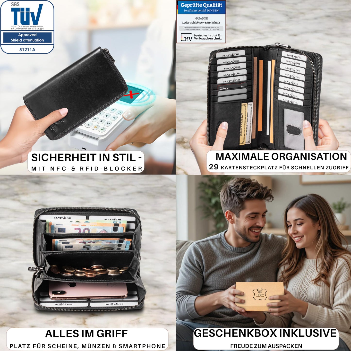 MATADOR black women's wallet #Madrid with elegant gift box, stylish leather wallet with RFID, large women's purse, luxury women's gift with many card slots.