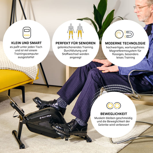 SportPlus leg trainer for home & office, mini home trainer with magnetic brake & 8 resistance levels, with training computer, extra wide pedals, app compatible | exercise bike | mini bike