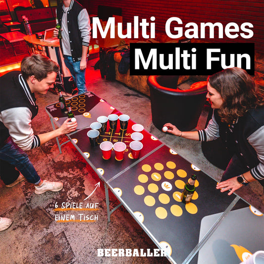 BeerBaller® Multigame Beer Pong Table - 6 party games in one beer pong table | Black frame, foldable & scratch-resistant surface | Ball holder with 6 balls included | Beer pong tables | Drinking games