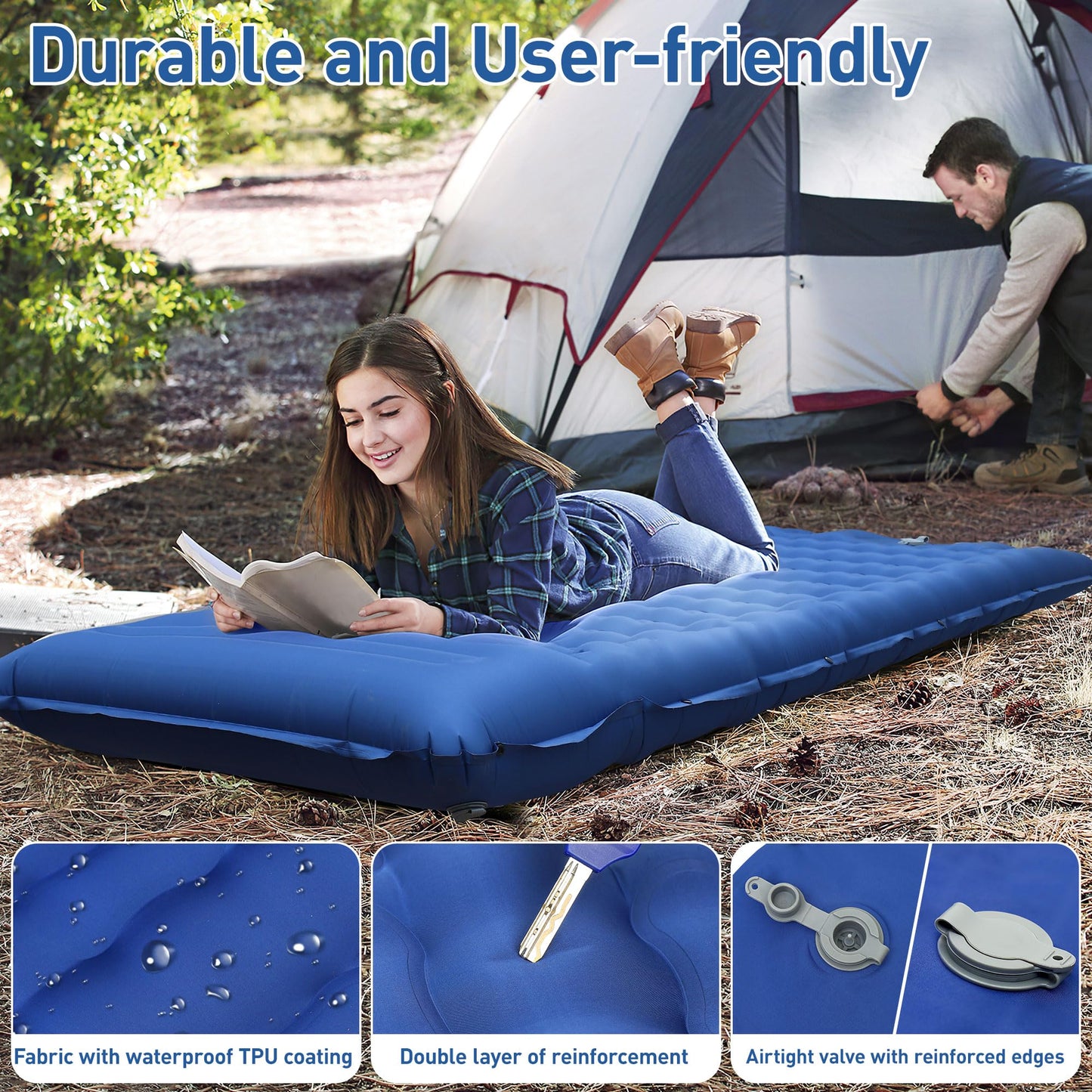 Self-inflating sleeping pad, 12CM Ultralight Inflatable Air Mattress with Camping Pillow, Portable Compact Camping Mat for Camping, Hiking, Backpacking, and Trekking (Navy Blue)