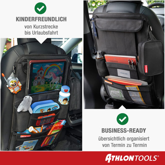 ATHLON TOOLS The most stable car seat organizer - Reinforced back panel - Food-safe - with integrated tablet holder - with extra pen pocket - for business and children - Designed in Hamburg