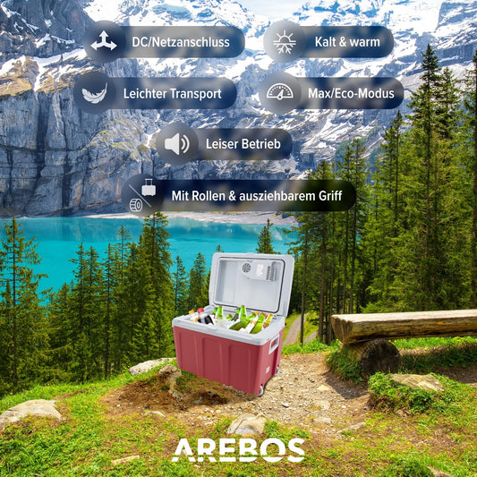 Arebos 40 liter cooler | for cooling & keeping warm | mini fridge | portable fridge with ECO mode | 12/230 V for car & socket | electric cooler | cooler bag | insulated bag | red