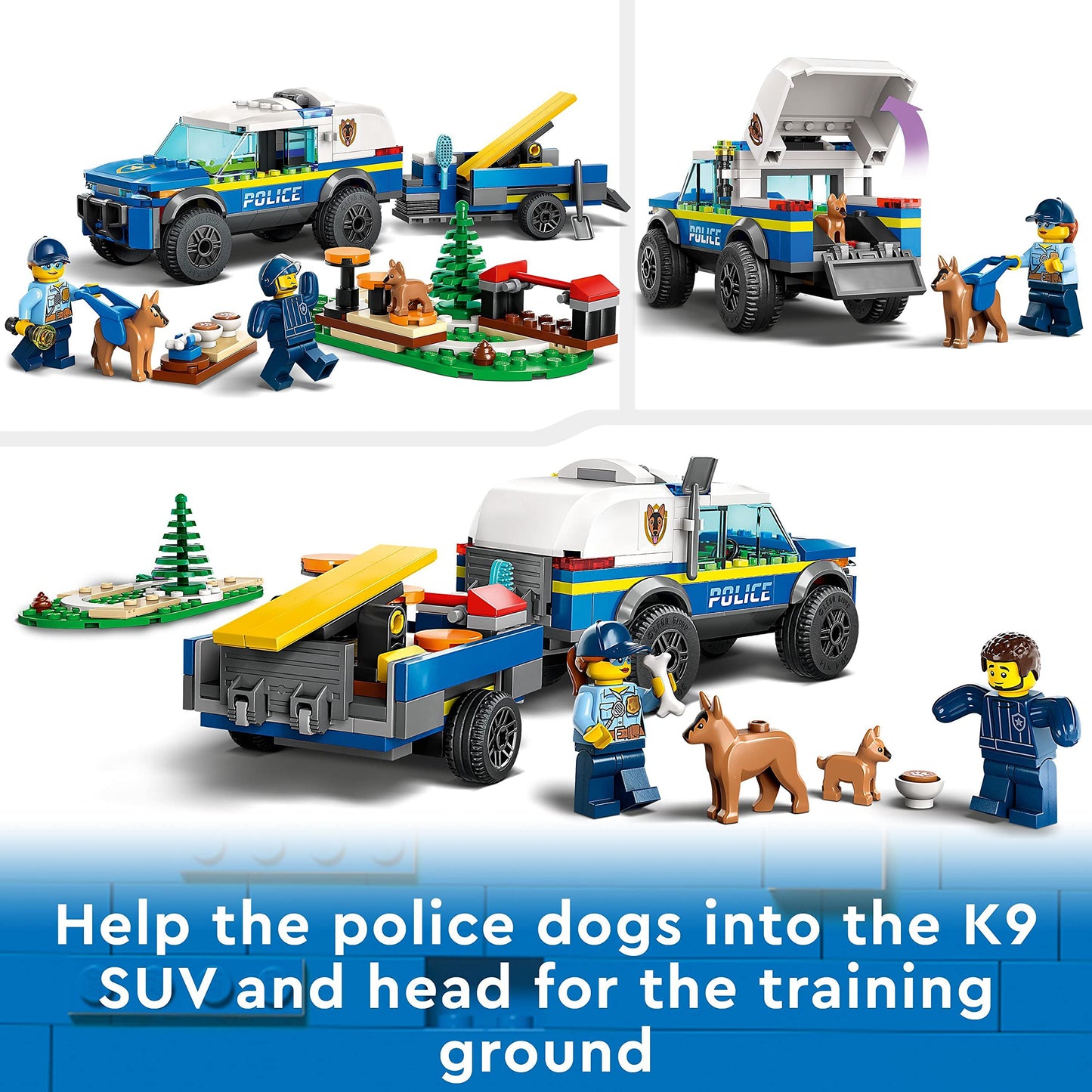 LEGO City Police Station with police car, garbage truck, and helicopter & City Mobiles Police Dog Training, police car toy with trailer