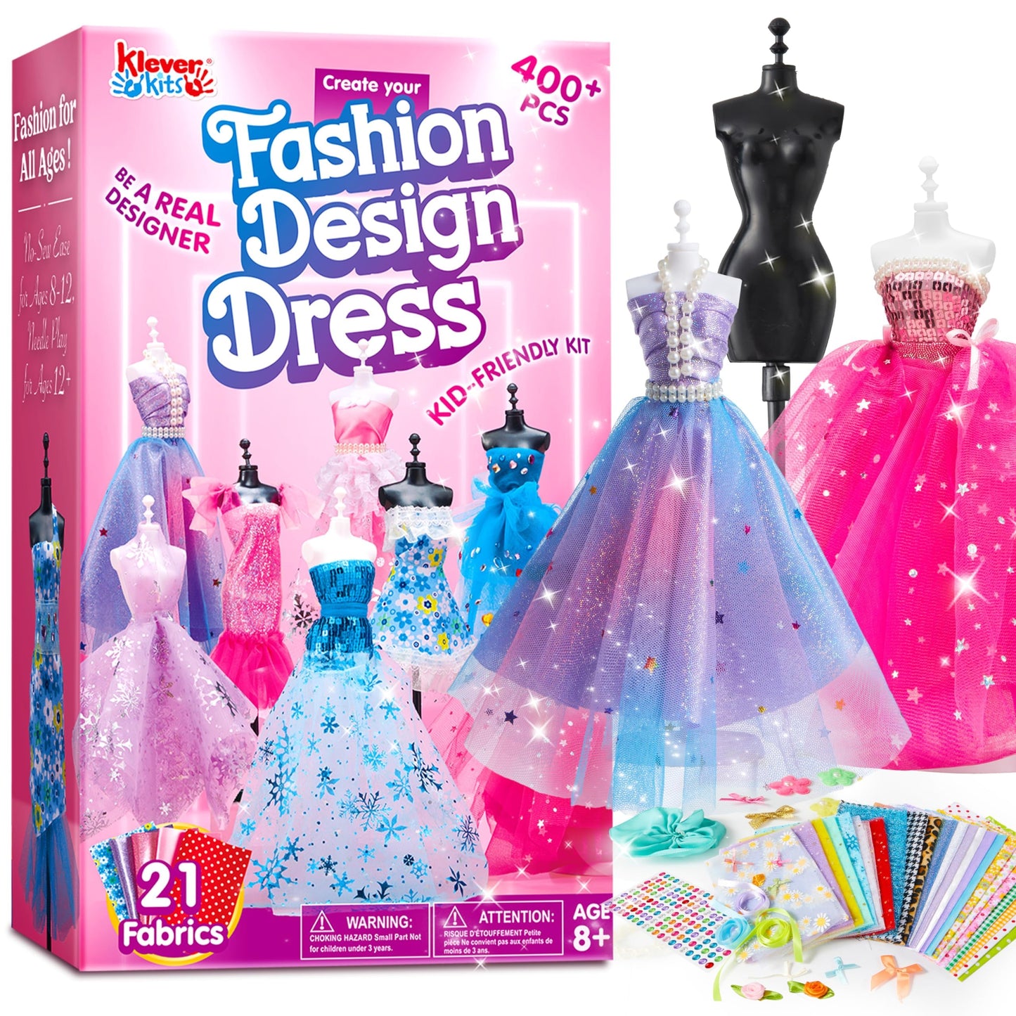 Clever Kits 400+ pieces Fashion Design for Girls, DIY Fashion Design Sewing Kit Set with 3 Mannequins, Gifts for Girls 8 9 10 11 12+ years, Creative Craft Kit for Kids 8+ years.