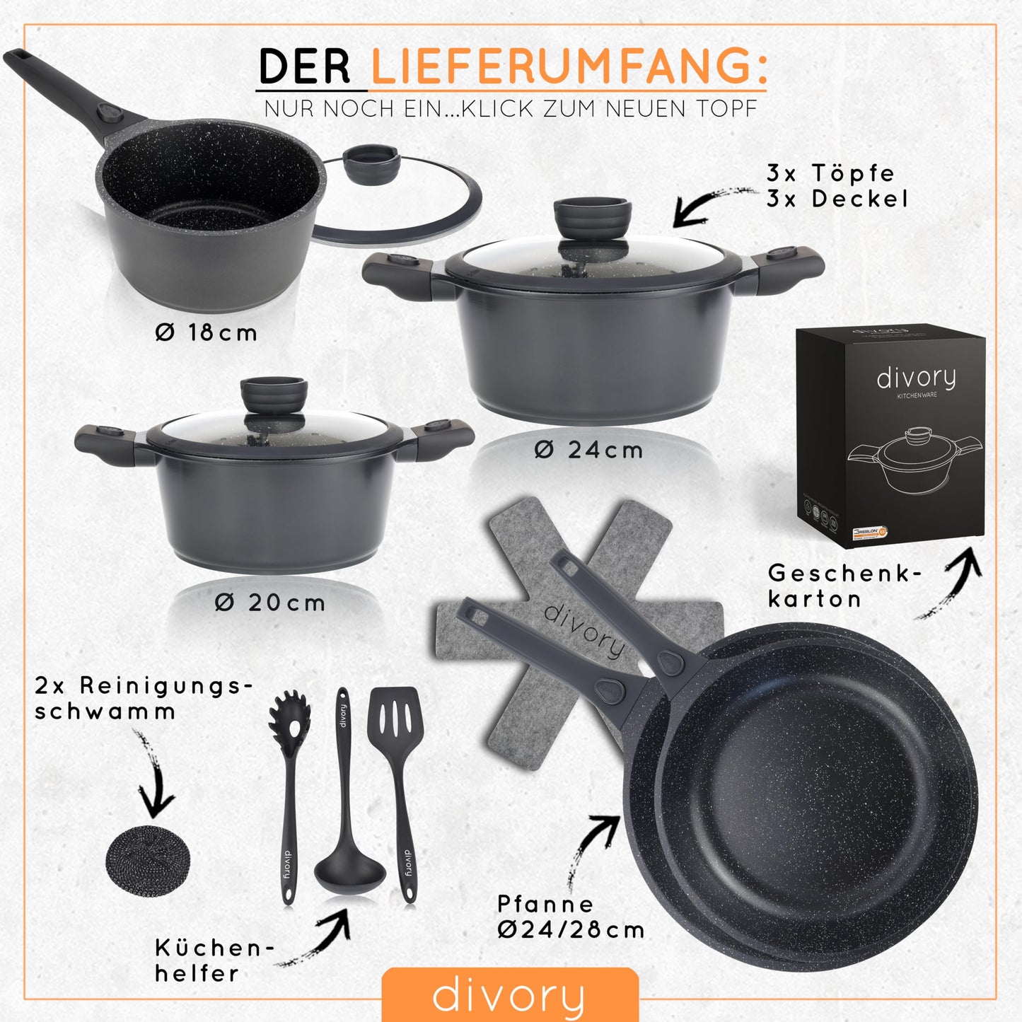 DIVORY Induction Pot Set - 14-piece cookware set with lids, coated pots and pans with removable handle, including cookware and gift box
