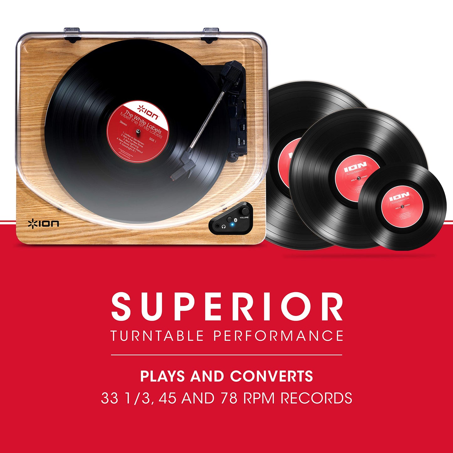 ION Audio Air LP - Vintage USB Bluetooth turntable with three speeds and vinyl to MP3 conversion for Mac/PC, elegant wood finish.
