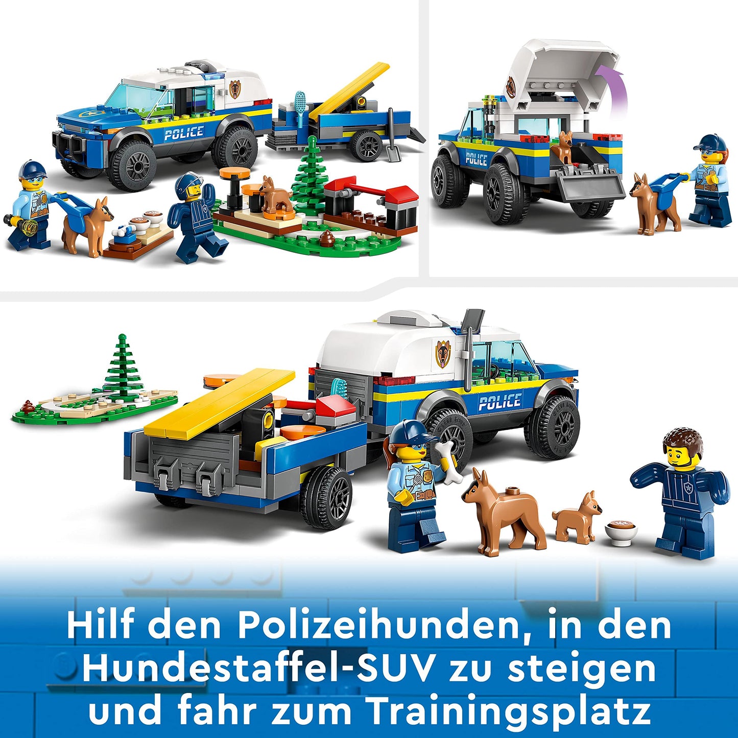 LEGO 60369 City Mobile Police Dog Training, police car toy with trailer, dog and puppy figures, animal set for kids 5 years and up.