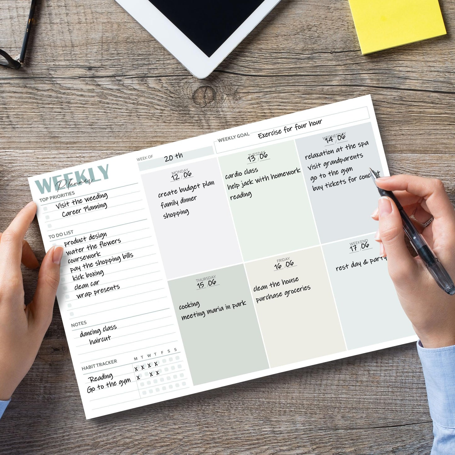 BIROYAL Weekly Planner Pad A4 undated (50 pages), desk pad with to-do list, weekly calendar planner with week overview & habit tracker for appointments, tasks & notes.