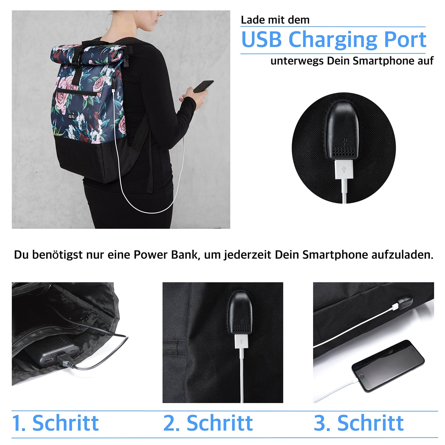 Ela Mo roll-top backpack for women - stylish and practical - laptop backpacks for women - anti-theft bag for school, college, business (Floral)